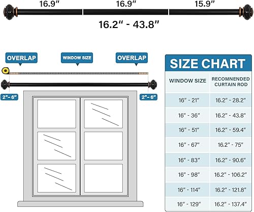 Miniatura 6 de Turquoize Paquete de 2 barras de cortina negras, de 16.2 a 43.8 pulgadas, juego de varillas individuales decorativas ajustables con remates clásicos