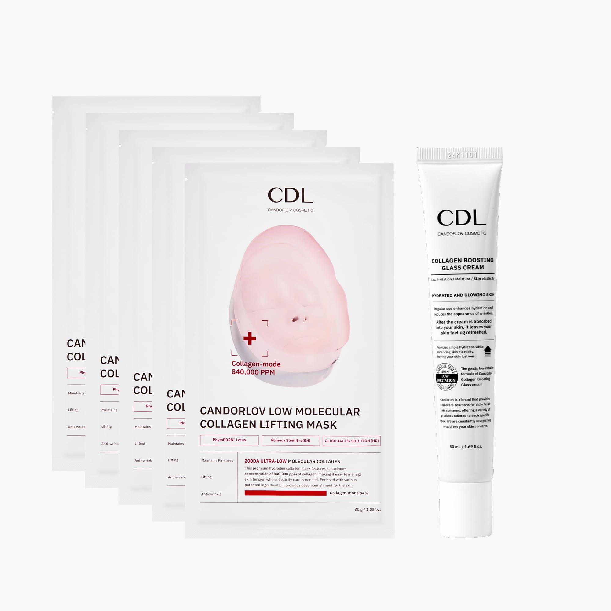 Korean Collagen Duo: Overnight Collagen Lifting Hydrogel Mask (5pcs) + 72HR Hydrating Glass Glow Cream with PDRN, Hyaluronic Acid & Low Molecular Collagen for Firm, Elastic, Radiant Skin