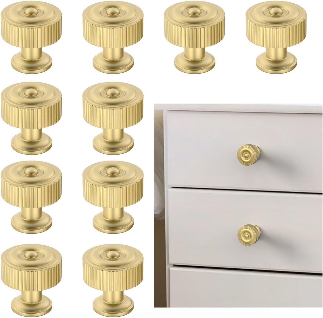 FILTA 10 Pack Brushed Gold Cabinet Knobs - Ribbed Design Zinc Alloy Dresser Drawer Cabinets Hardware for Furniture Kitchen Bathroom
