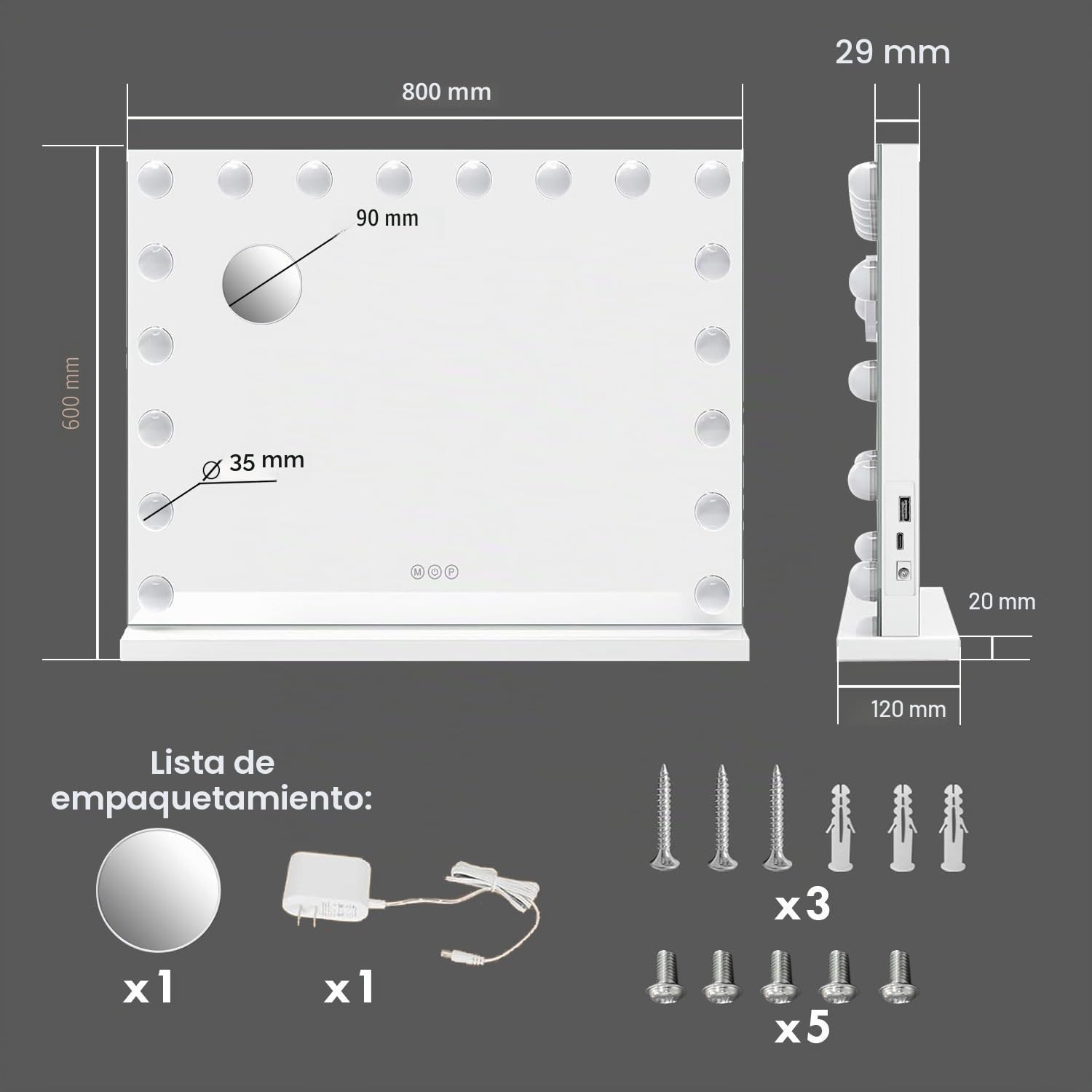 MIQU Espejo Maquillaje con Luz 80x60cm,Espejo Tocador Hollywood con 18 Bombillas LED,3 Modos de Luz,Intensidad Ajustable,con Puerto USB/Type-C,Aumento,Control Táctil,para Mesa o Pared