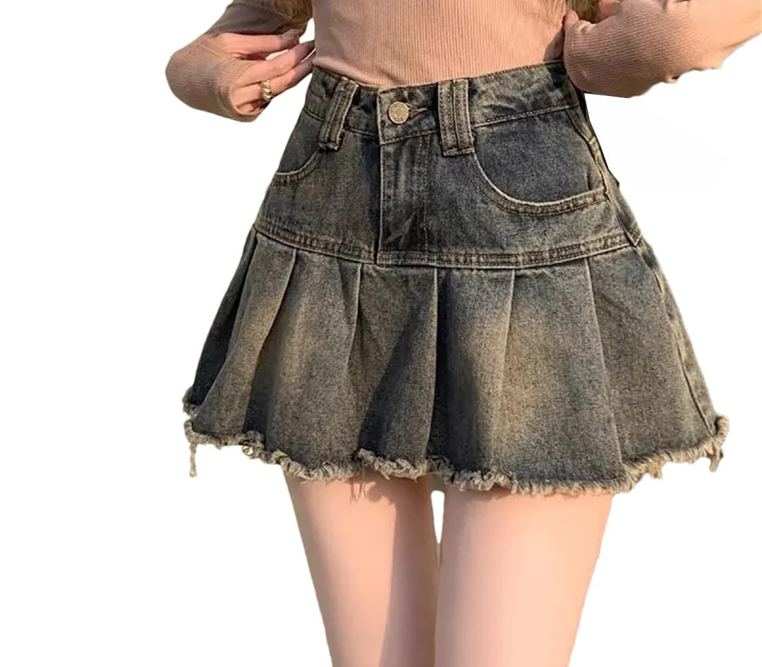 Gonna da donna in denim vintage, plissettata, retrò, casual, linea ad A, streetwear