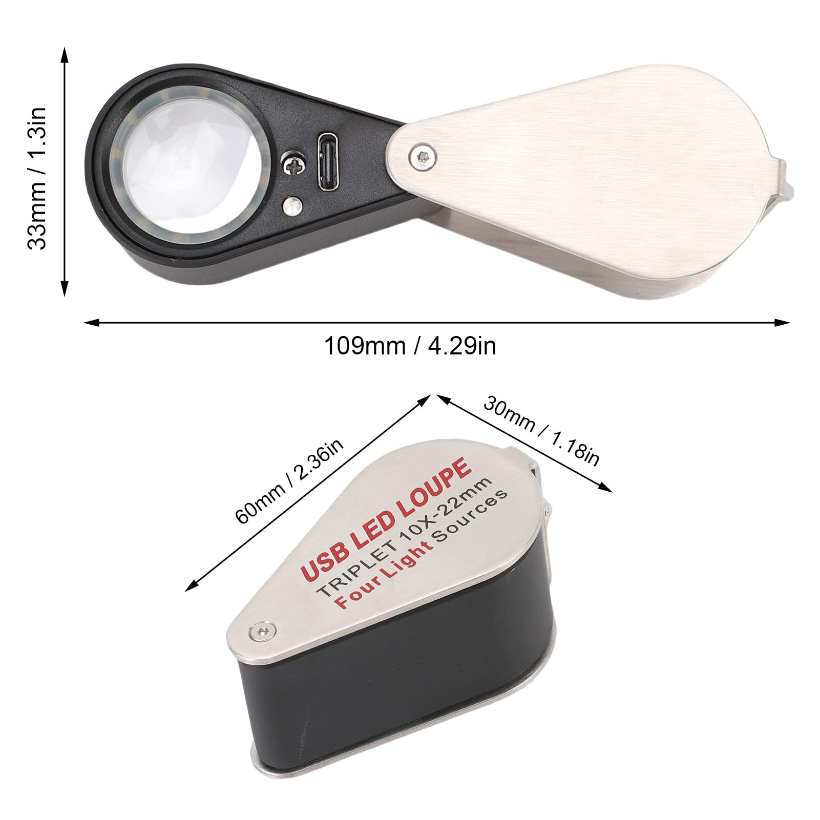 SEAFRONT 10x -Vergrößerungsfaltable LED -Taschenlupe mit 4 Lichtmodi USB Wiederaufladbare Vergrößerung Glas Compact 60x30 Mm für den Lesungsinspektion Schmuck