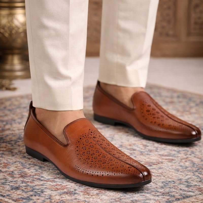 Image of FAUSTO Mens Laser Cut Ethnic Slip On Wedding Juttis and Mojaris | Festive Ethnic Dress Shoes