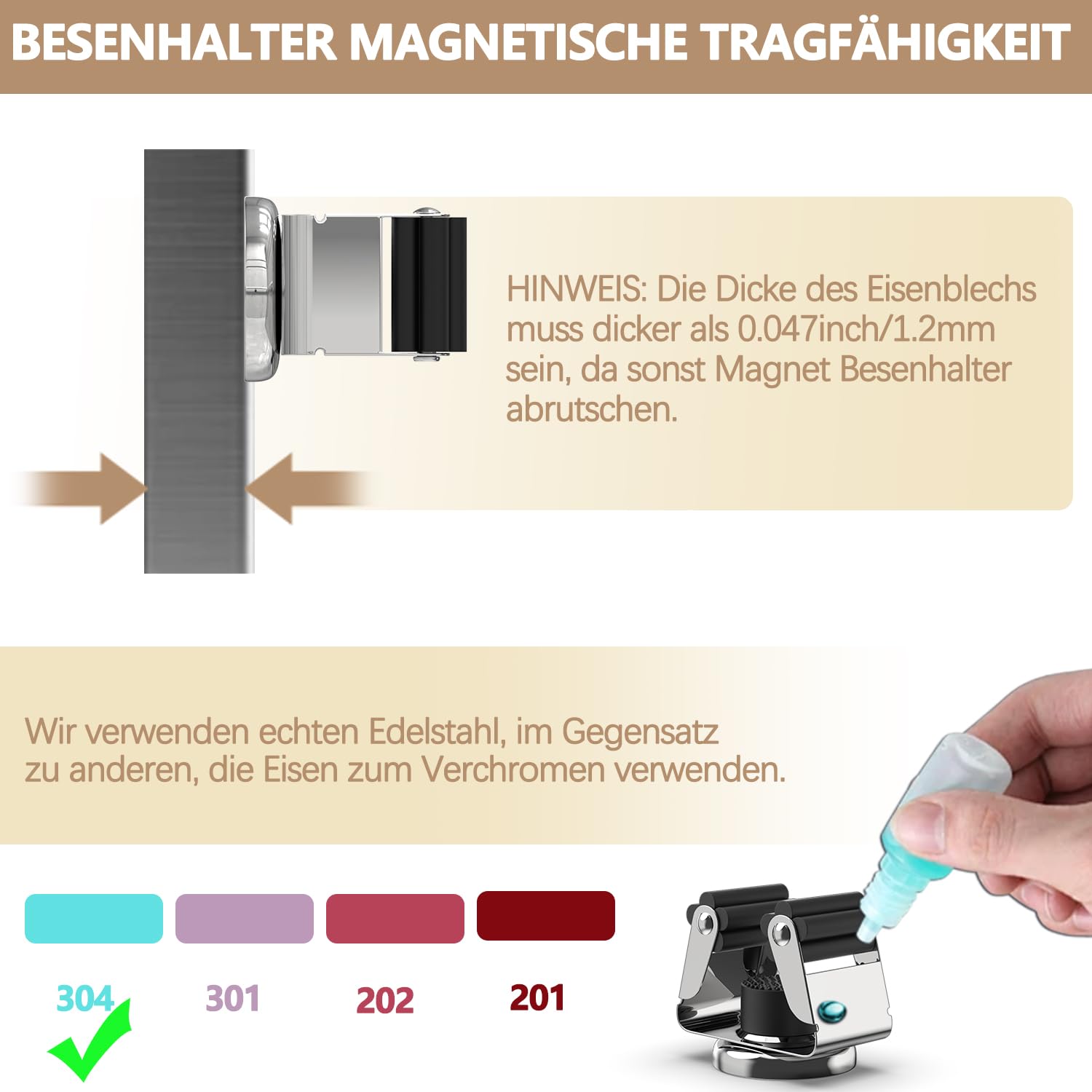 3-H 2 Stück Magnetischer Besenhalter, Edelstahl Gerätehalter Besenhalterung Wandaufhängung für Gartengeräte und Besen, mit 2X Magnetische Haken für Küche Badezimmer Garage Garten Zuhause, Silber