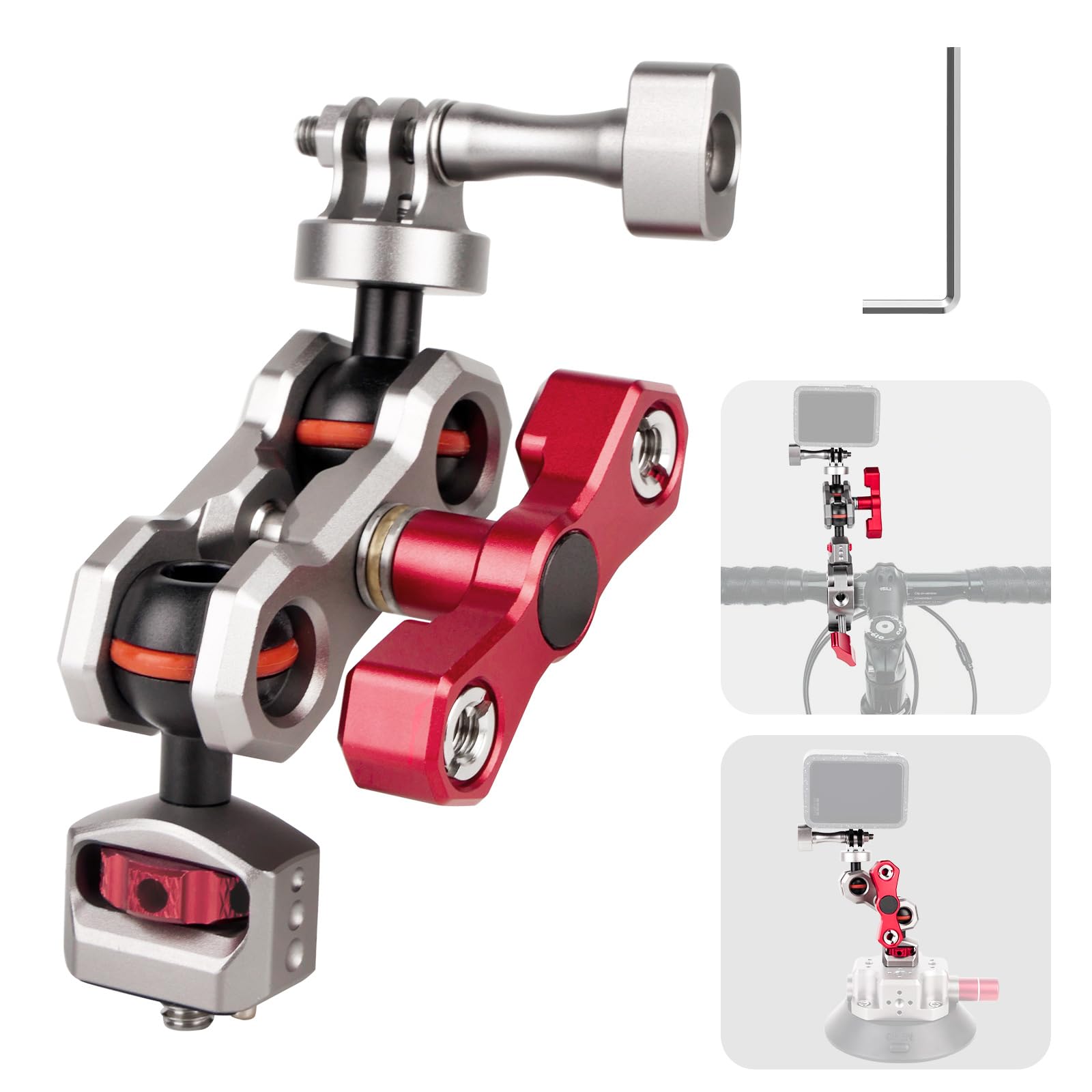 Came-TV - Braccio magico per action camera con doppia testa a sfera a 360° e perni antiscivolo, braccio articolato flessibile in alluminio compatibile con Go Pro, supporto per moto, bici, finestrino