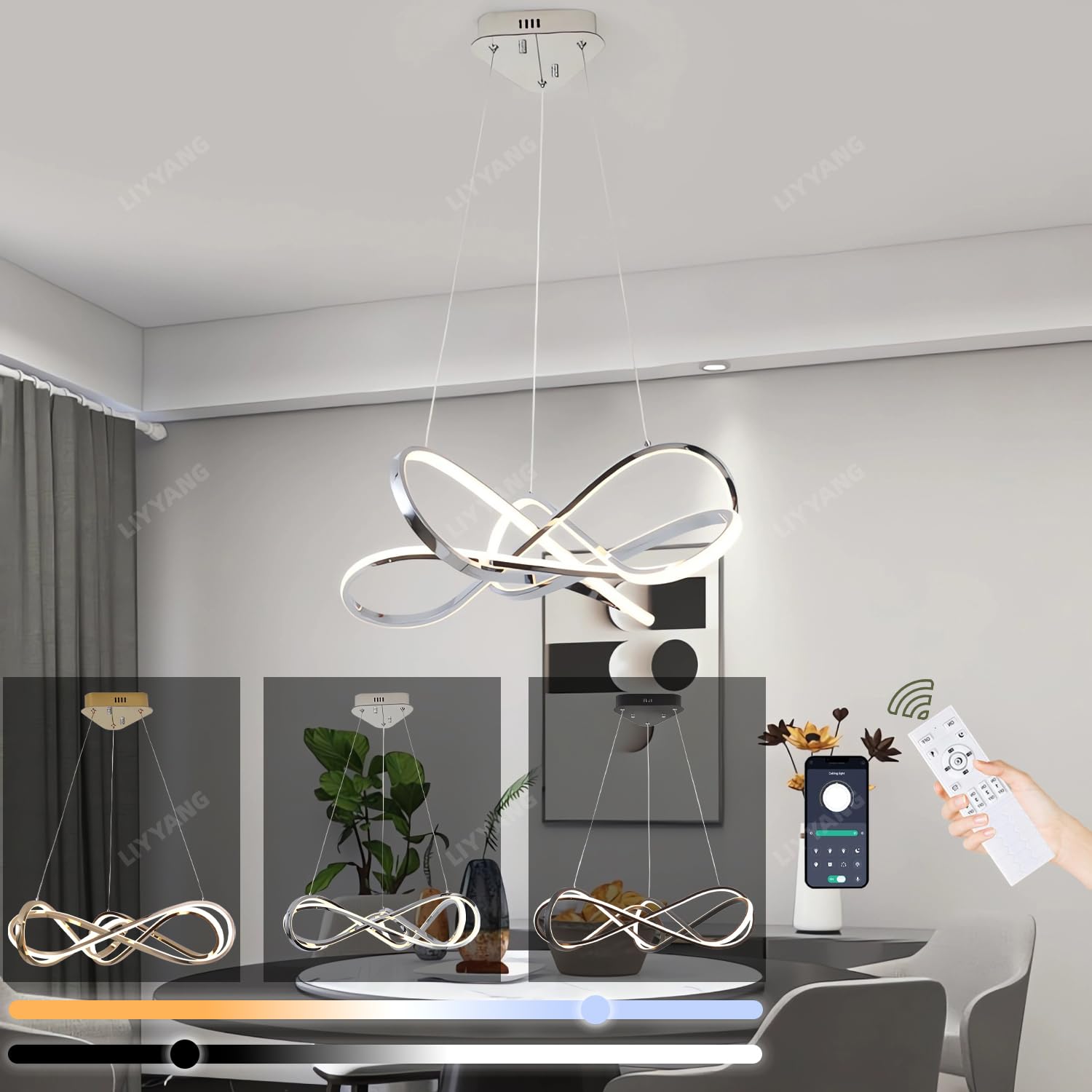 Kronleuchter Esstisch LED Pendelleuchte Esszimmer mit Fernbedienung Dimmbar Moderne Hängeleuchte Esszimmerlampe hängend Höhenverstellbar Esstischlampe Bürolampe Schreibtischlampe (Chrom, Φ55cm 55W)