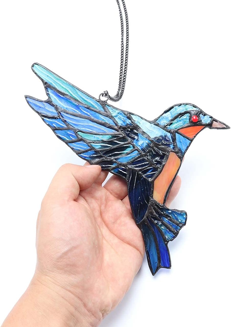 Bieye W10049 Hummingbird Tiffany Style Stained Glass Window Hangings Suncatcher with Chain and Suction Cup Hook (7" W x 8" H)