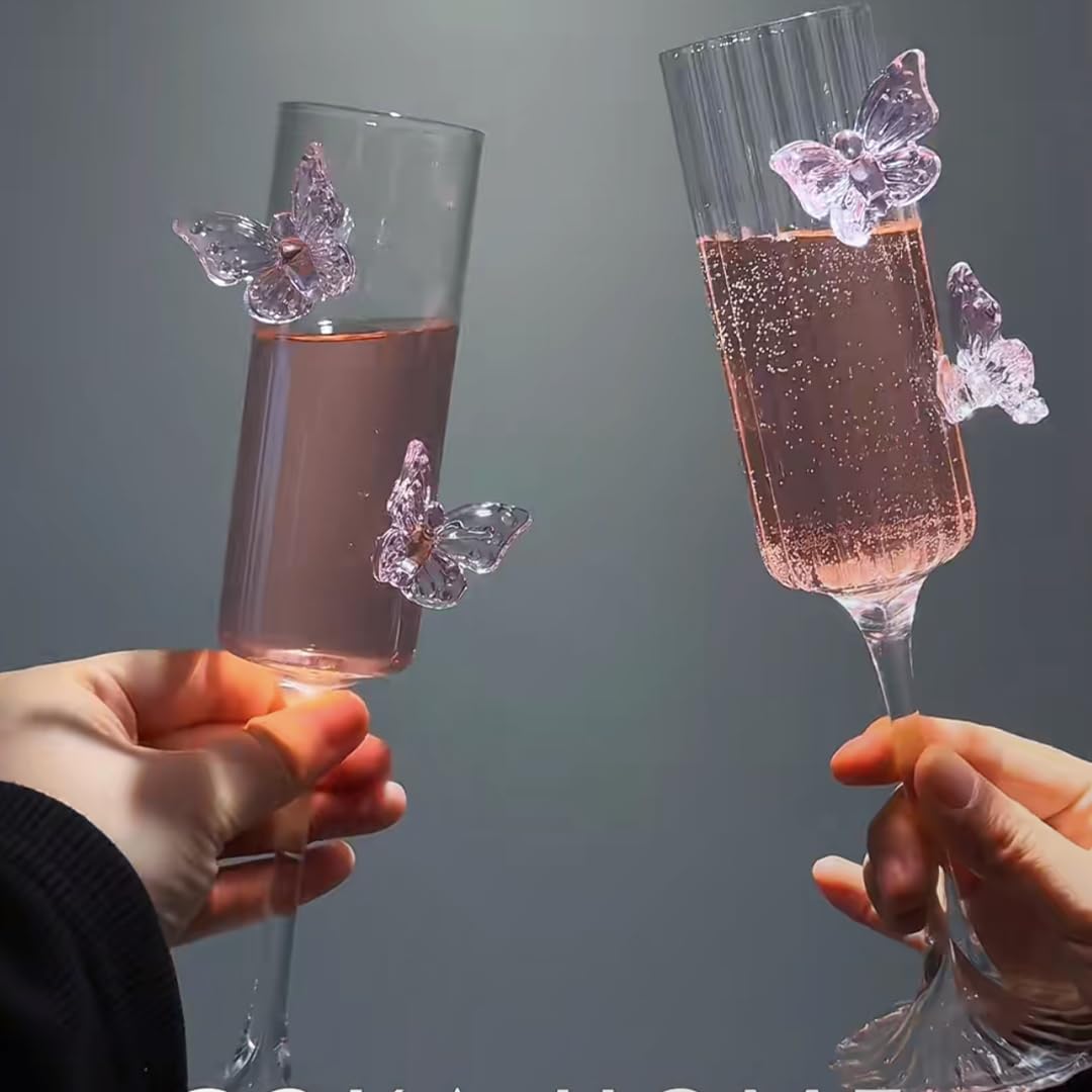 2Pcs Pink Butterfly Wine Glasses, 3D Butterfly Champagne Cups Drinking Glasses Fashioned Wine Cocktails Glassware Romantic Champagne Glasses for Weddings Engagements Party Gifts (Smooth Style)