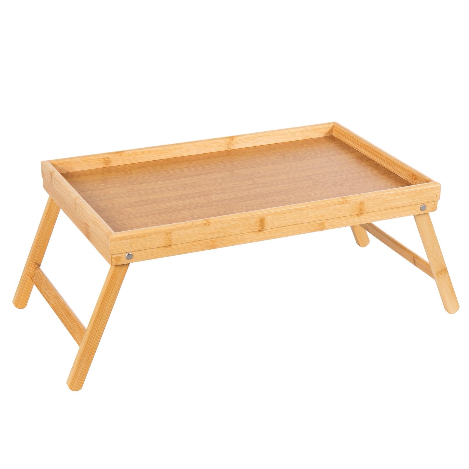 Vencier Natural Bamboo Bed Tray, Folding Legs, Raised Edge, For Breakfast In Bed And Serving, Hwd: 22X64x31cm, White (Natural)