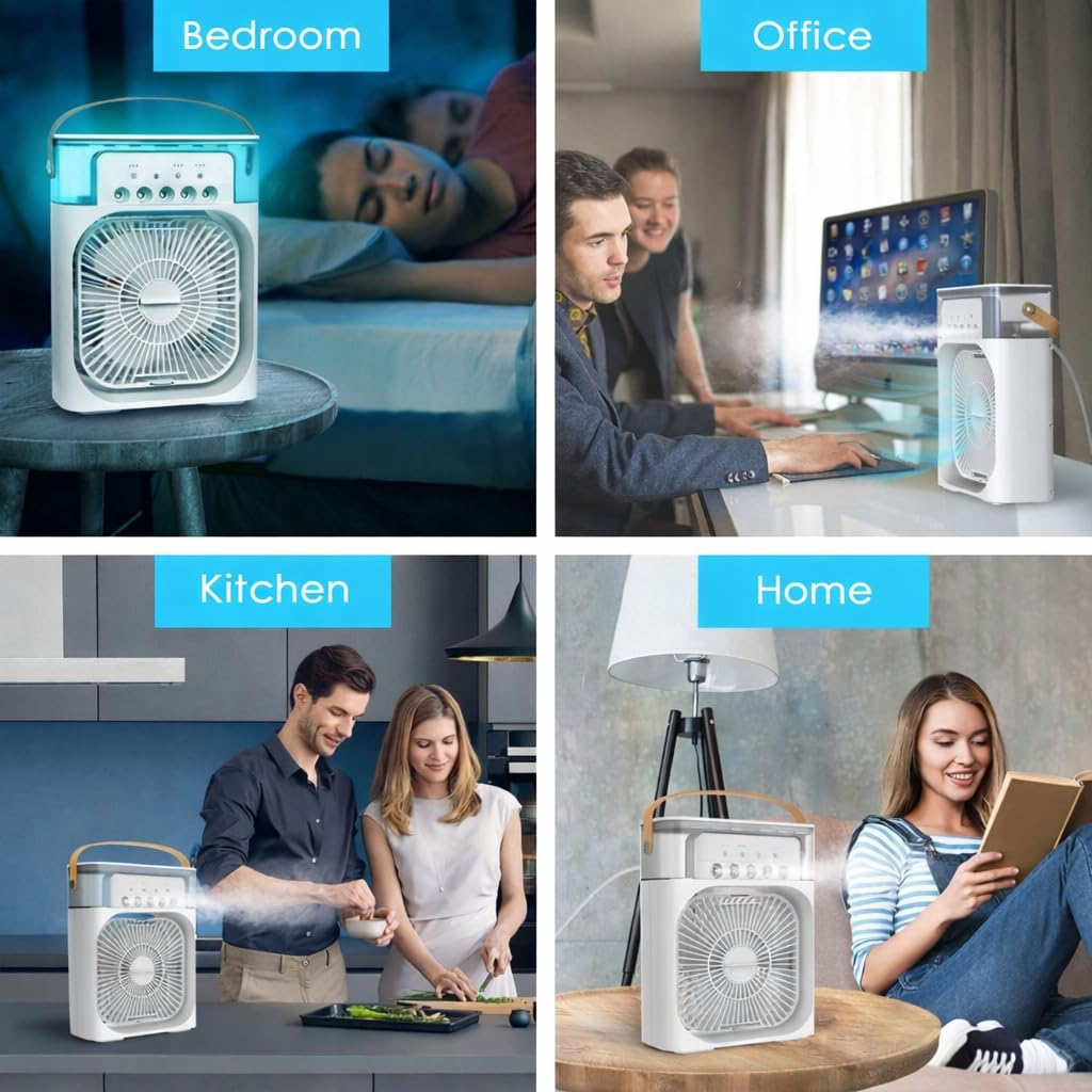 Portable Air Cooler Fan with LED Light, Water Tank, Timer, 3 Speed Settings, White, Desktop Evaporative Cooler 1