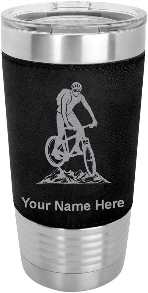 LaserGram 20oz Vacuum Insulated Tumbler Mug, Mountain Bike, Personalized Engraving Included (Faux Leather, Black)