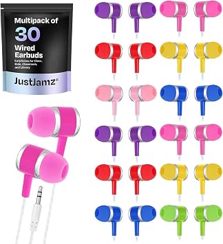 JustJamz 30pcs Colorful In-Ear Earphones | Bulk Earphones Marbles Wholesale Colorful Earphones Disposable Earphones Headphones Bulk Headphones for Kids Adults Assorted Colors