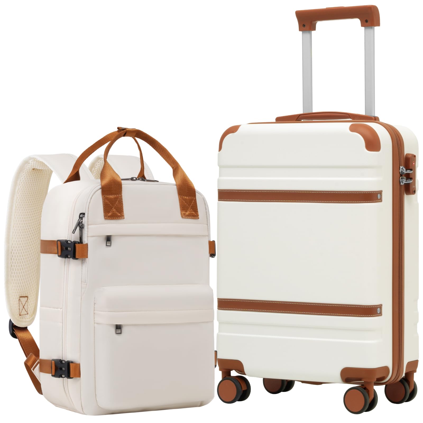 COOLIFE Maleta de cabina de 55 x 35 x 20 cm para Ryanair, equipaje de mano, maleta rígida con cerradura TSA y 4 ruedas gemelas, blanco y marrón., 55×35×20 -Set 2pzs