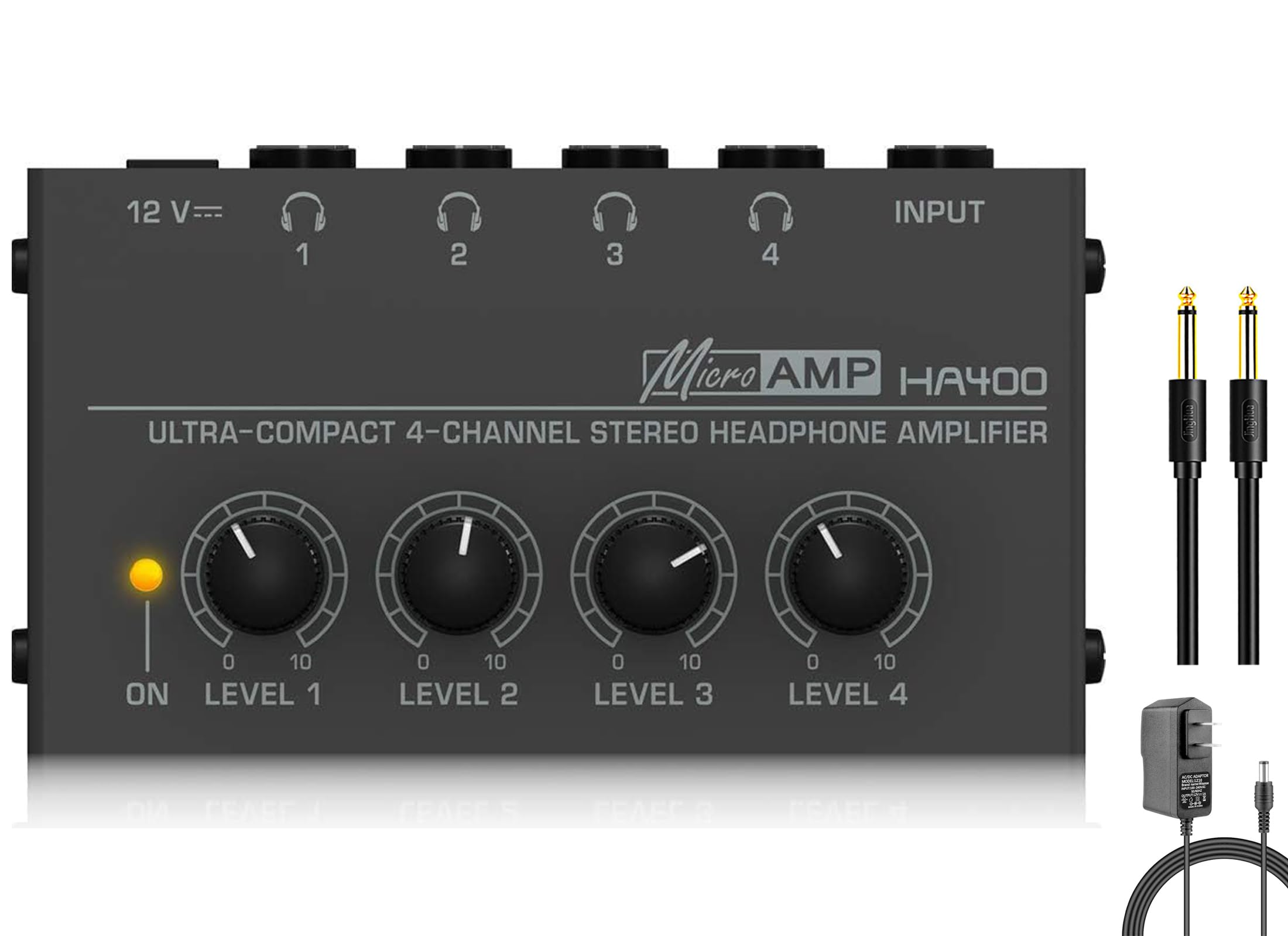 Photo 1 of HSCLPM Headphone Amplifier, HA400 4-Channel Metal Stereo Audio Amplifier, Mini Earphone Splitter W/ & DC 12V Power Adapter, for Sound Mixer PC Guitar Studio Stage (Black)