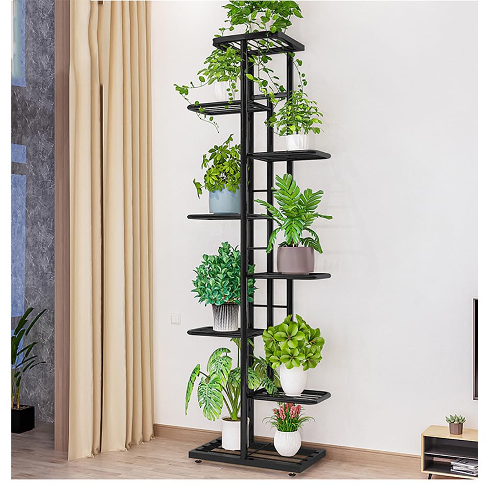 Zstar 8 Etagen Blumenständer 141cm Hoch Pflanzenständer Metall Innen Außen, Mehrstöckig Blumenregal Pflanzentreppe Eckregal Stehend für Wohnzimmer Garten Balkon Deko, Dunkelgrau
