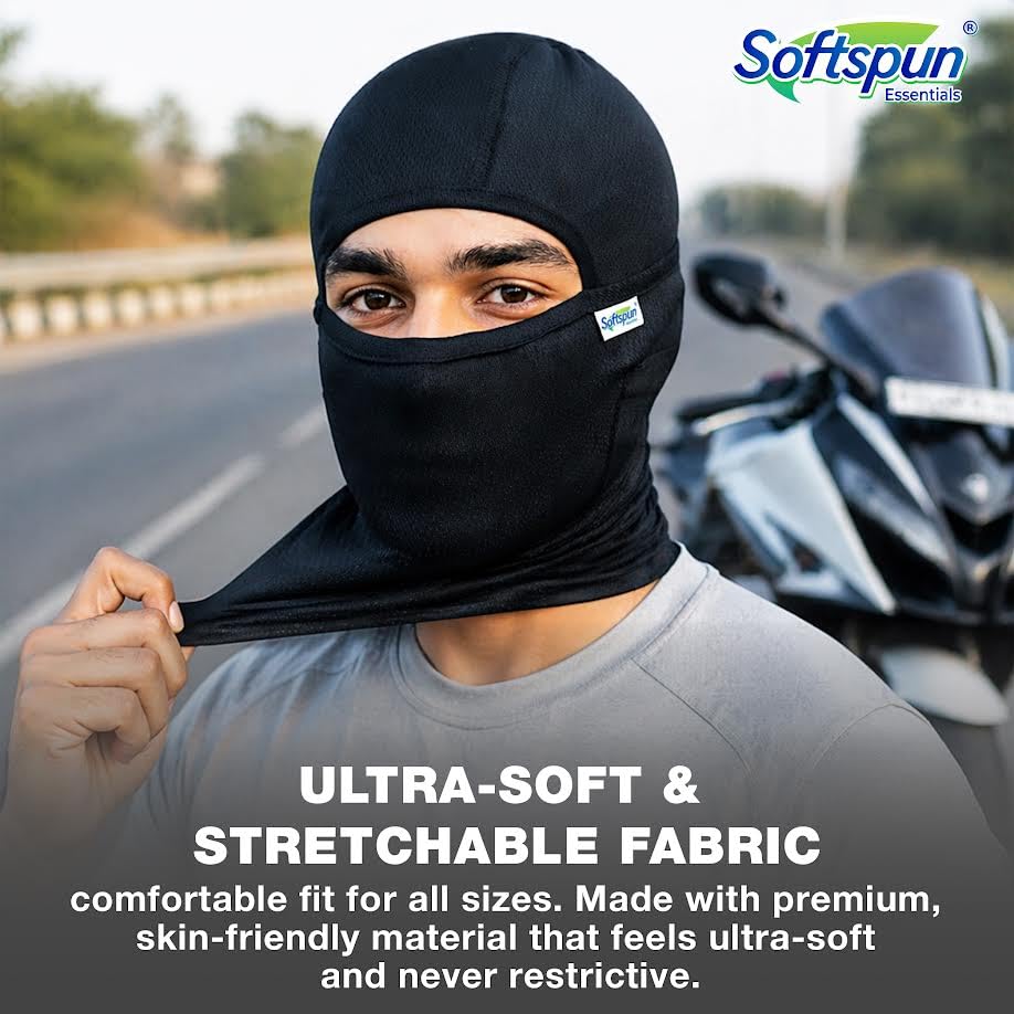 Image of SOFTSPUN Essentials Balaclava Face Mask for Men & Women - Full Face Cover for Bike Riding, Helmet Liner, Breathable Stretch Fabric, Dust & UV Protection, All-Season Head Cover (Black)