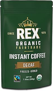 Rex Organic Fairtrade Decaf Freeze-Dried Instant Coffee – Naturally Decaffeinated Arabica, 7.05 oz Resealable Pouch Bag – Mountain Water Process, Lab Tested for Mold & Mycotoxins