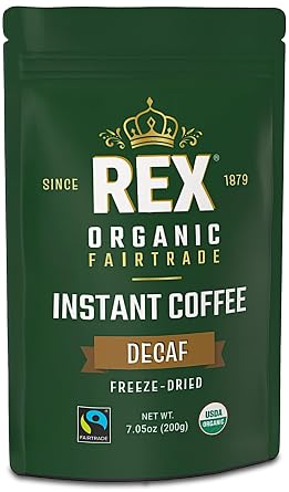 Rex Coffee Organic Fairtrade Natural Decaf Freeze-Dried Instant Coffee Naturally Decaffeinated Arabica, 7.05 oz Resealable Pouch Bag Lab Tested for Mold, Mycotoxins, Heavy Metals, Acrylamide