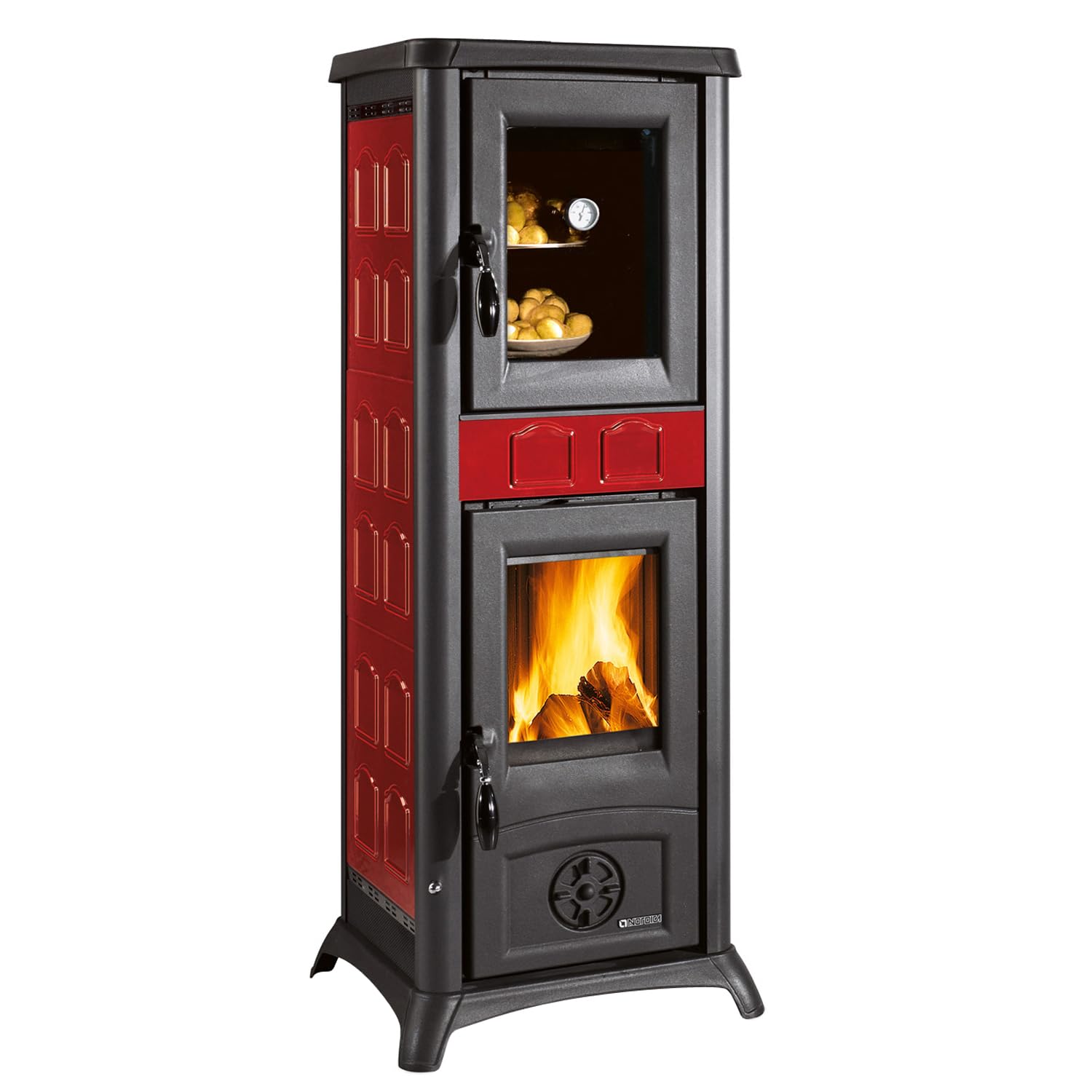 La Nordica Gemma Forno 165 - Stufa a legna da 6 kW, in ghisa smaltata bordeaux, con vano forno, diametro 120 mm, stufa permanente per legna da ardere, compatto, design classico (ceramica Elegance
