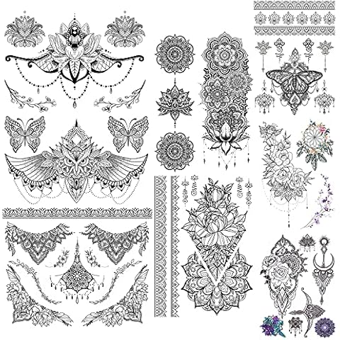 Glaryyears Black Lace Temporary Tattoo for Women Girls, 60+ Patterns 8 Pack Fake Mandara Flowers Tattoos Stickers, Sexy on Body Underboob Arm Chest Shoulder Thigh Abdomen Waist for Beach Party Cover