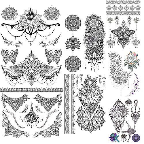 glaryyears 8 Sheets Black Mandara Underboob Tattoo for Women, Flower Leaf Butterfly Dreamcatcher Designs Temporary Tattoo Stickers on Chest Waist Waterproof Body Art Large Size