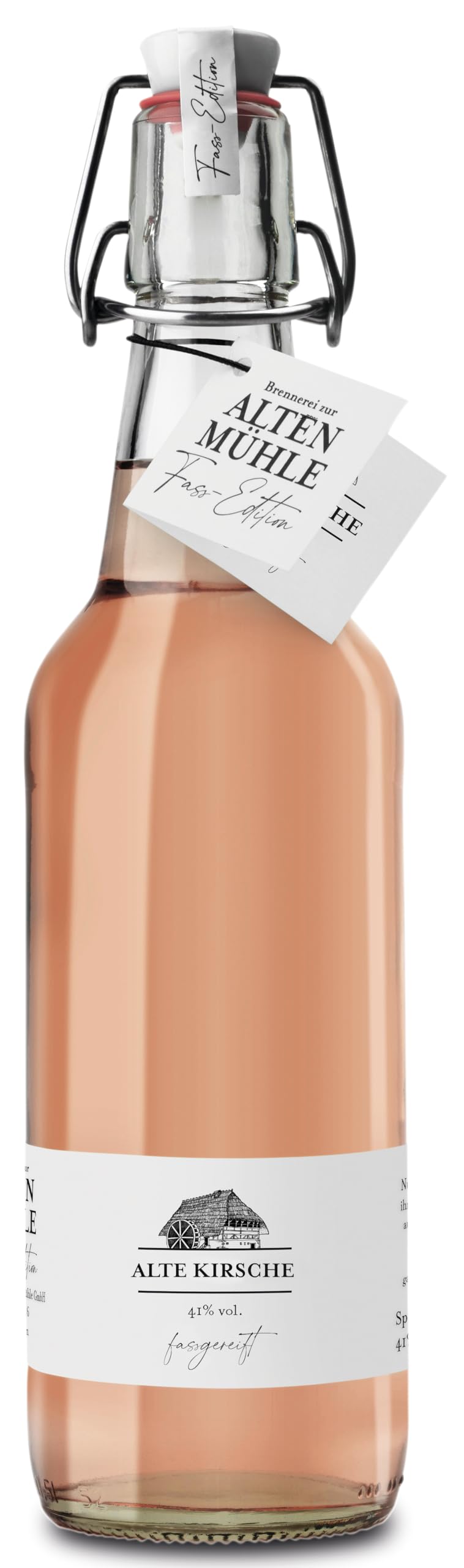 Brennerei Zur Alten Mühle - Alte Kirsche Fass-Edition - feiner Kirsch Hausschnaps in der klassischen Bügelflasche - milder Obstler fassgereift im Schwarzwald, 1 x 0.5l
