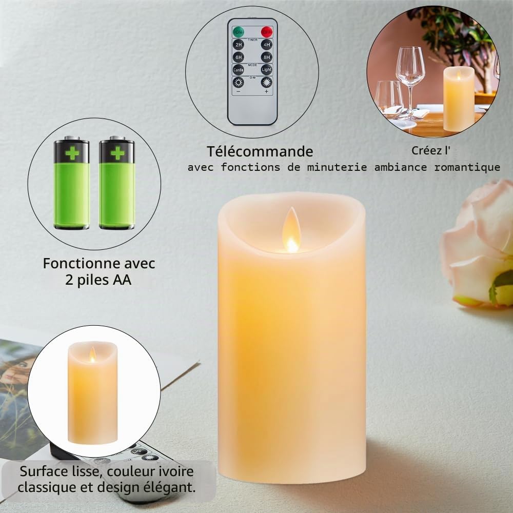 Bougie LED, 2 Paquets, Bougies LED à Piles, Bougies LED Flamme Vacillante Lumière, Bougies LED Sans Flamme, Bougies LED en Cire Véritable avec Télécommande, Bougies de Noël-7.5 * 15cm