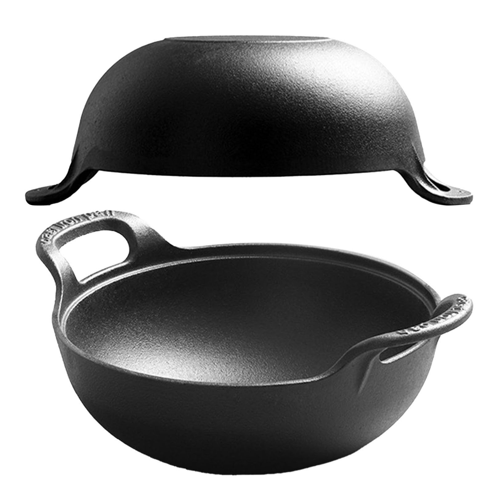 Żeliwny Wok, 30cm Wstępnie Sezonowany Solidny Wok z Drewnianą Pokrywą, Podwójna Pogrubiona Podstawa dla Równomiernego Nagrzewania, Do Użycia w Piecu, Kuchence, Grillu, Ognisku (30 cm / 11,8