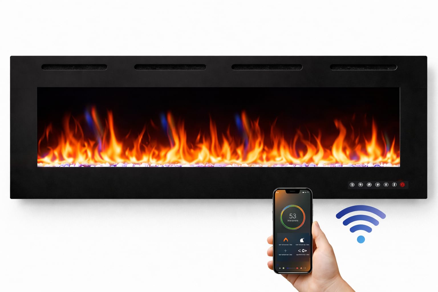 Camino Elettrico da Parete Weka Fireplace Wi-Fi, Ultrasottile, Profondo 7,5 cm, Vetro Temperato, Telecomando e Touch Screen, Riscaldatore da 750/1500 W, Effetto Fiamma Regolabile (127 cm WiFi New)
