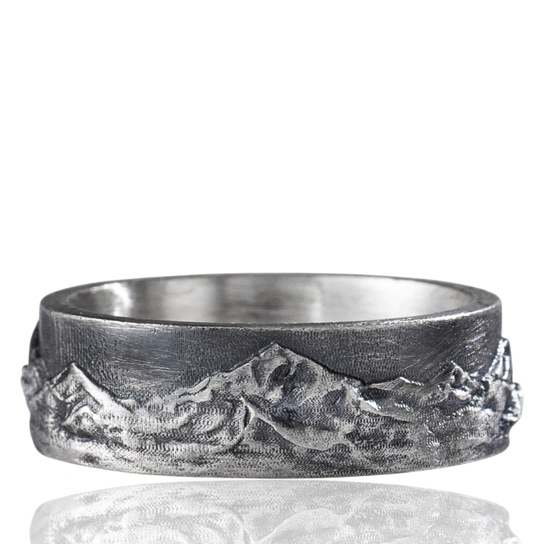 VALLEER Mountain Range Band Ring For Men, 925 Sterling Silver Nature Inspired Vintage Mens Rings, Rustic Mens Wedding Band, Handmade Oxidized Silver
