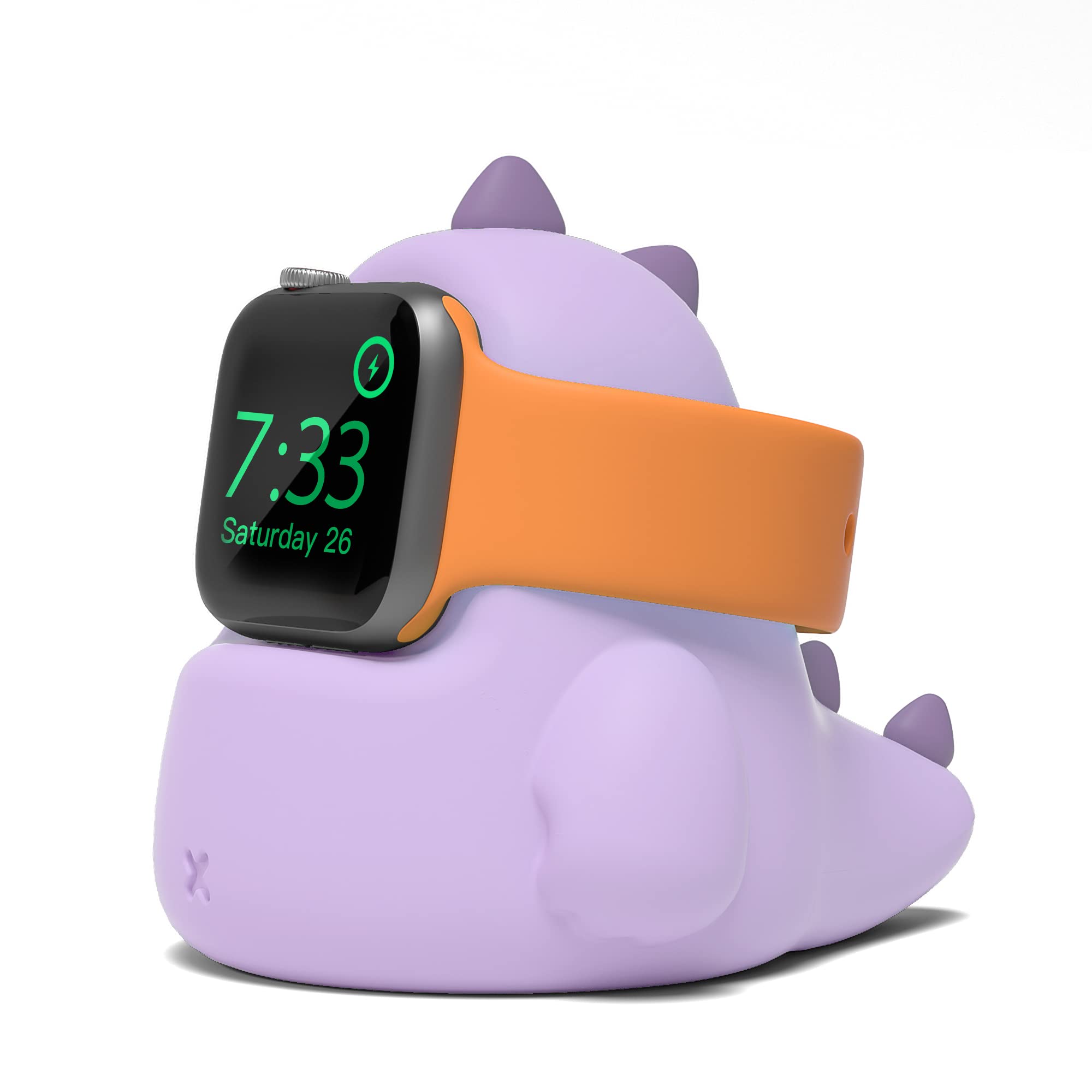 ELETIUO Lade-Ständer kompatibel mit Apple Watch Series Ultra/8/SE2/7/6/SE/5/4/3/2/1 (49/45/44/42/41/40/38mm), Dinosaurier-iWatch-Ladestation mit Nachtmodus, lila