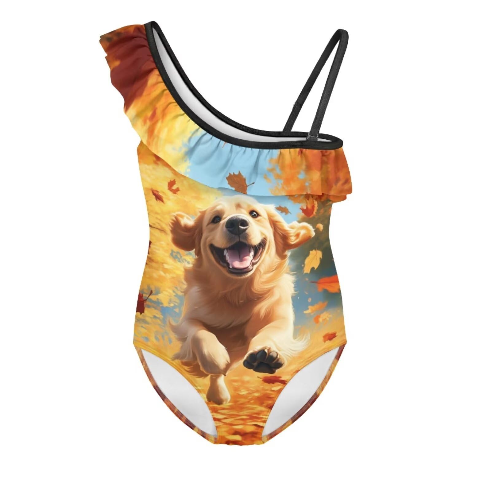 Zanxiantu Golden Retriever Swimsuit Quick Dry Summer Beach Hawaiian One Piece Swimwear One Shoulder Ruffle Strap Bathing Suits for 3-14 Y Full Coverage Ballet Gymnastics Leotard