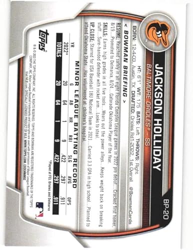 Miniatura 2 de JACKSON HOLLIDAY 2023 Bowman Prospects Card #BP20 Baseball Rookie RC Baltimore Orioles