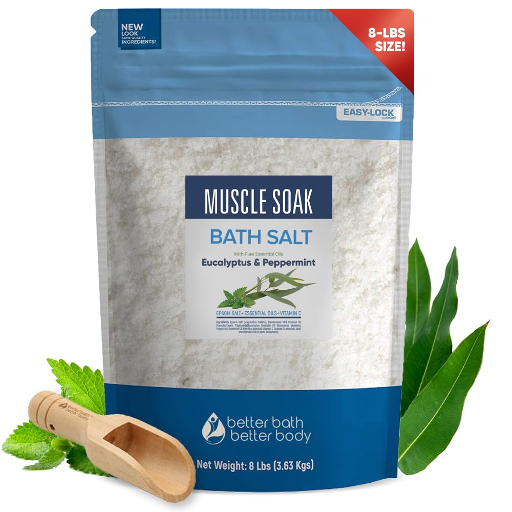 Muscle Soak Bath Salt 128 Ounces Epsom Salt with Natural Peppermint and Eucalyptus Essential Oils Plus Vitamin C in BPA Free Pouch with Easy