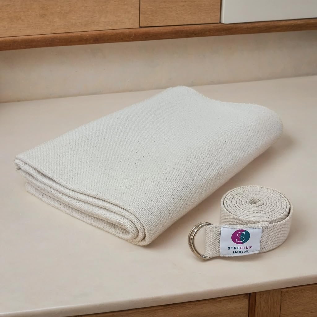 Cotton Iyengar Yoga Blanket 7x5 Feet White with 6 Feet Yoga Belt - Eco Friendly-image-2