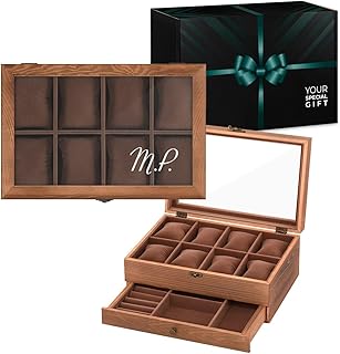 Maverton Uhrenbox mit Gravur - braune Uhren Aufbewahrungsbox für 8 Uhren mit Glasdeckel und Schublade für Schmuck - funktionale Schmuckschatulle für Frauen und Paar - 30x20x12,5cm - Initialen