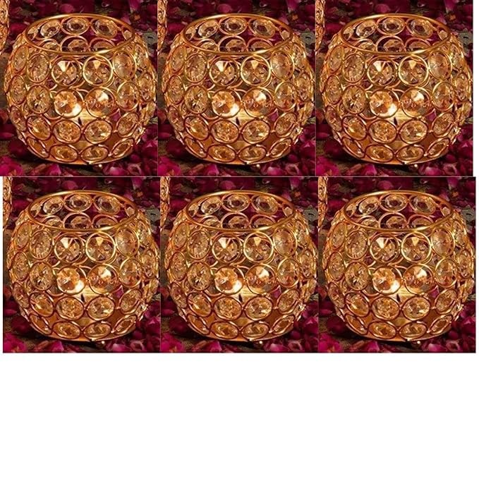 Photophores en cristal de qualité supérieure dorés pour Diwali - 6 pièces