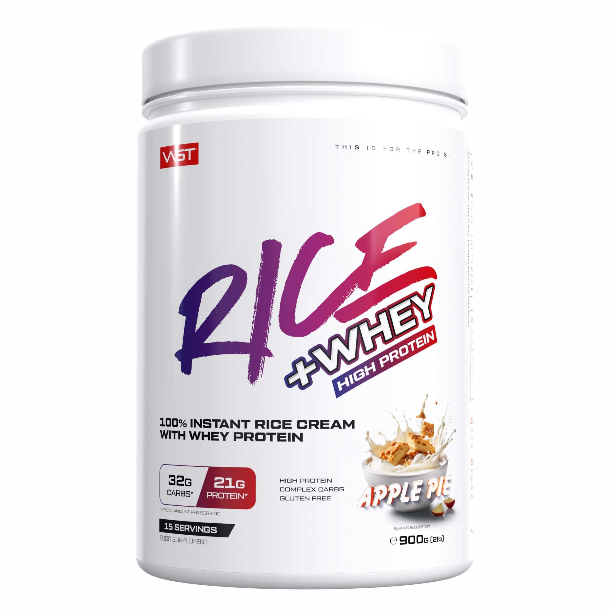 VAST RICE+WHEY – 900g – Instant Reispudding mit Whey Protein – Hoher Proteingehalt – Schnelle Zubereitung – Ideal als Frühstück oder Preworkout – Ohne Zuckerzusatz, glutenfrei (900g, Apple Pie)