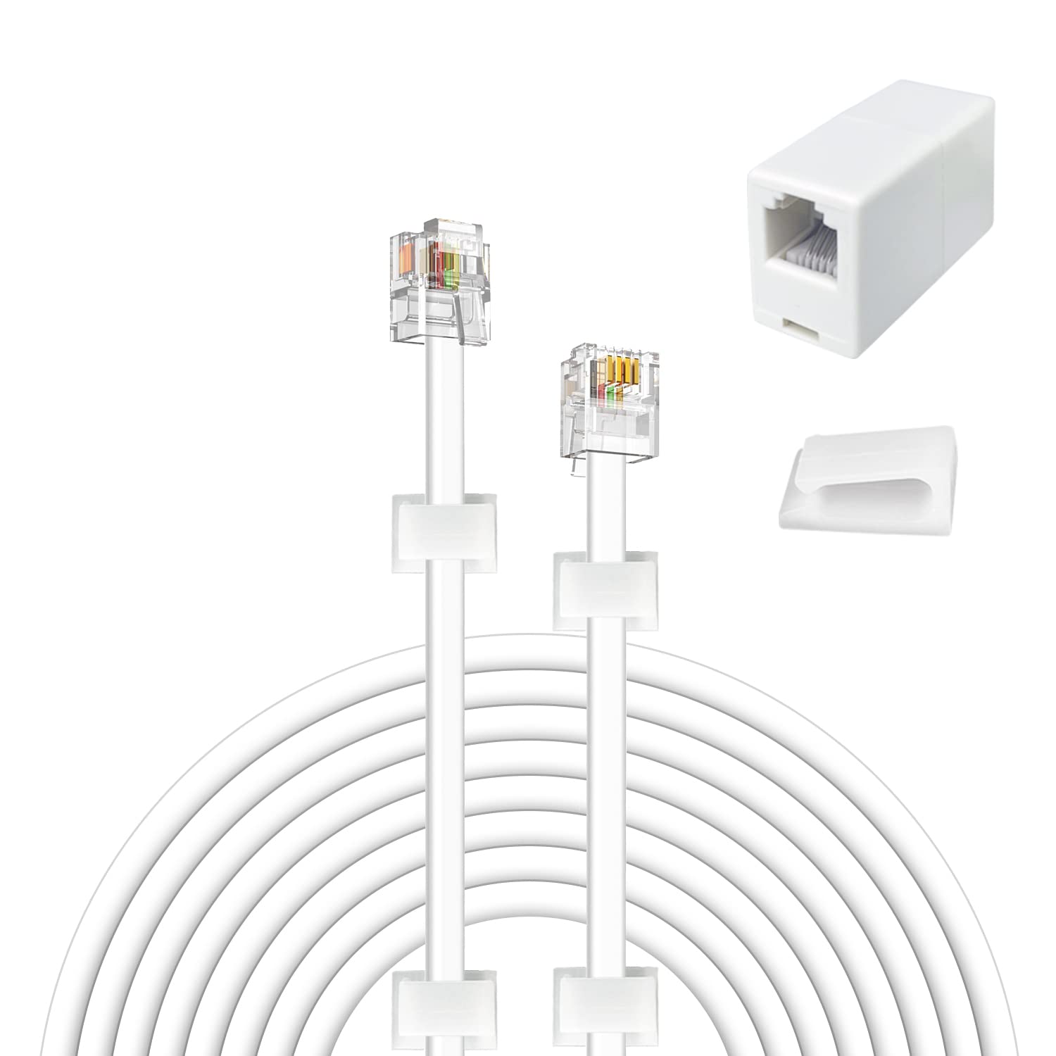 Cable telefónico de 100 pies (RJ11 6P4C) incluye acopladores de 1 en línea (doble RJ11 6P4C hembra) y 60 clips de cable, color blanco