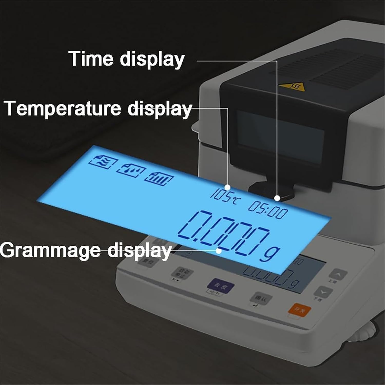 Analizzatore di umidità digitale, riscaldamento alogeno 40-199 °C, capacità 110 g, timer da 1 a 99 min, ideale per laboratori alimentari, cereali, farmaceutici, chimici, del suolo