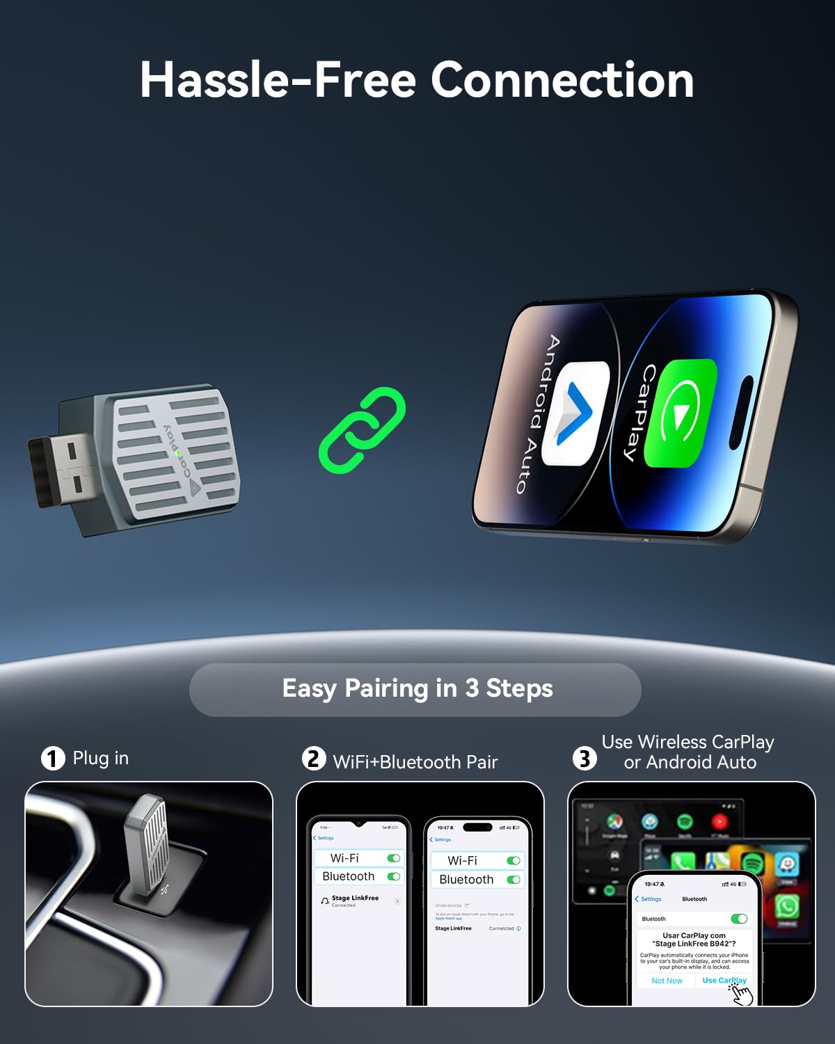 StageSound Mini bezprzewodowy adapter CarPlay & Android od Wired CarPlay na bezprzewodowy, Plug & Play, niskie opóźnienia, stabilne połączenie, złącze USB-A/C, kompatybilny z iPhone i Android