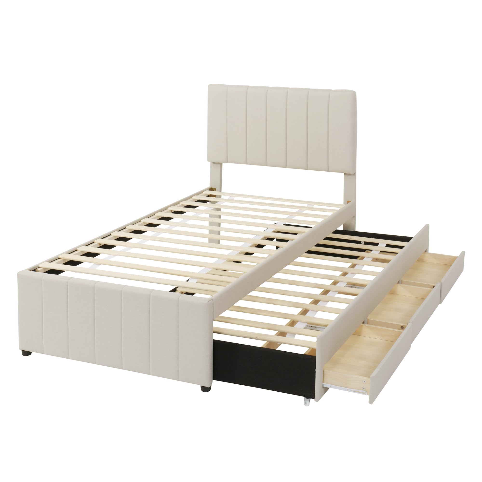 Modern Classic Bed Frame with Trundle and 3 Storage Drawers, Sturdy Heavy Duty Bedroom Furniture, Easy to Assemble, Noise-Free Design, No Box Spring Needed for Dorm, House, Apartment,Beige-Tw