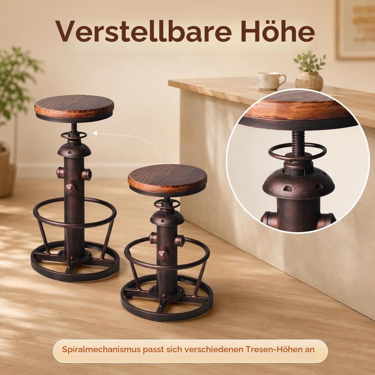 Barhocker mit Drehgelenk, Industrie-Design, für Kaffee, Küche, Esszimmer, Feuerhydrant, höhenverstellbar, Holzsitz