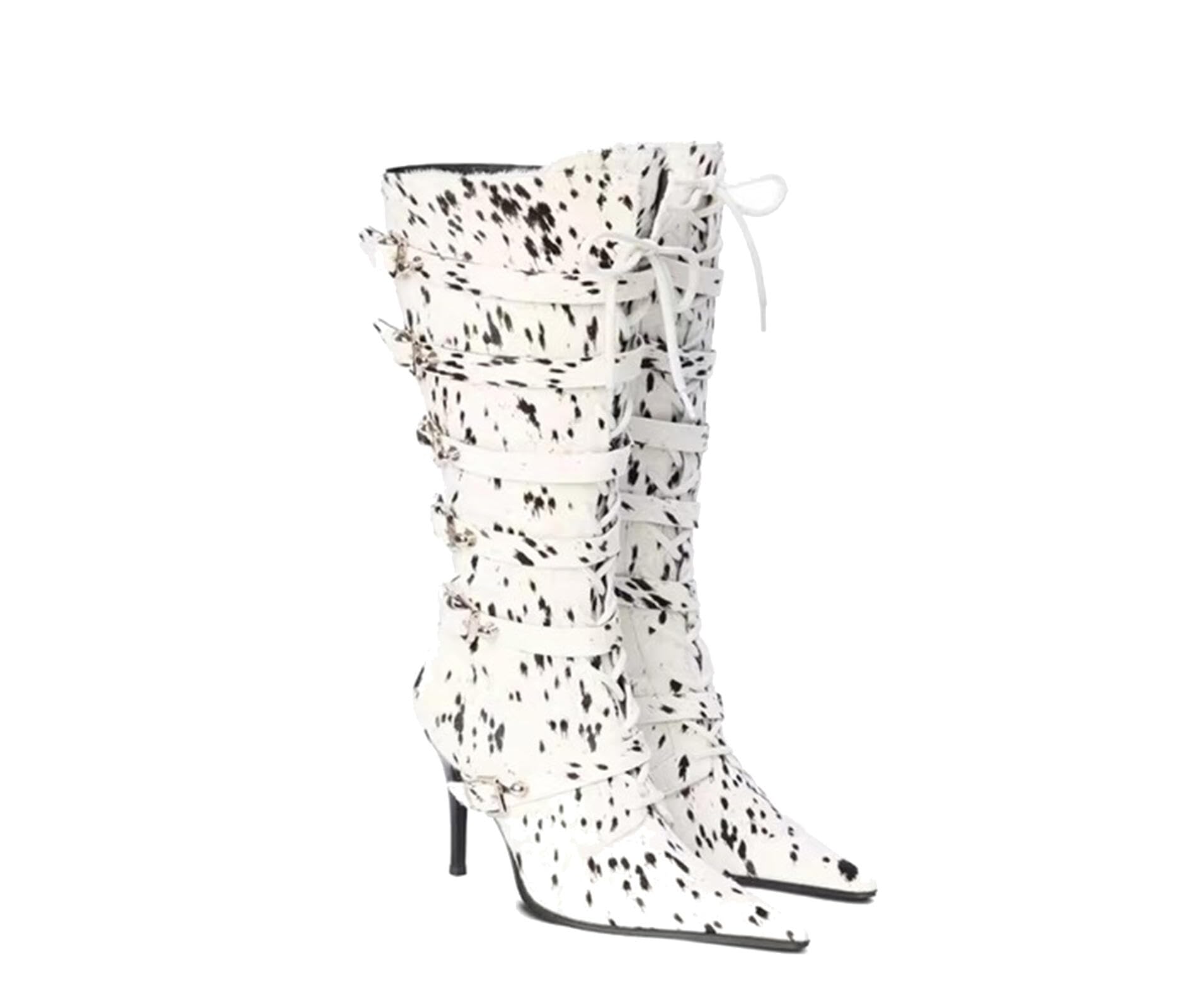 Womens Cow Print Lace-Up Knee High Boots Pointed Toe Stiletto Heeled Western Fashion Long Boots for Party and