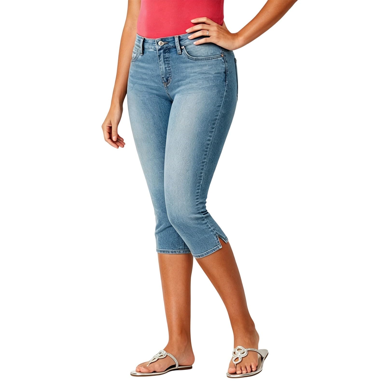 Vaqueros 3/4 para mujer elásticos con cintura alta estilo capri ajustado 6