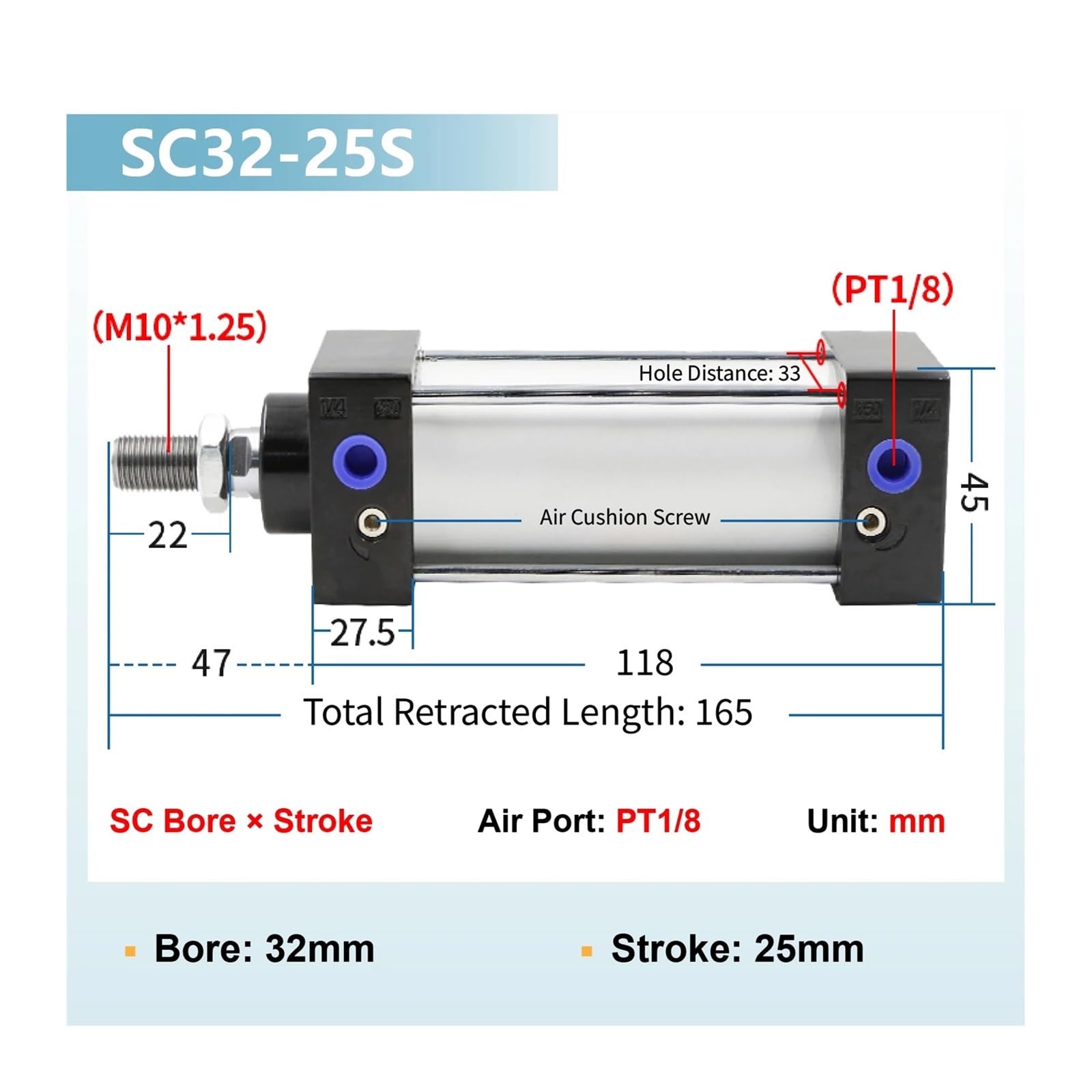 SC32 Pneumatikzylinder der SC-Serie, Kompakter Luftzylinder mit Zugstange, Magnetkolben, einstellbarer Hub(S32-100S)