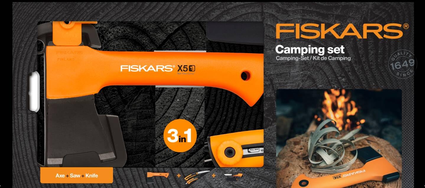 Fiskars Set de Camping, Hacha de recreo X5-XXS, 23 cm, Sierra de Mano Xtract SW73, Retráctil, 35 cm, Cuchillo Multifuncional con funda e integrador afilador de cuchillos, 21,5 cm, 1057912.