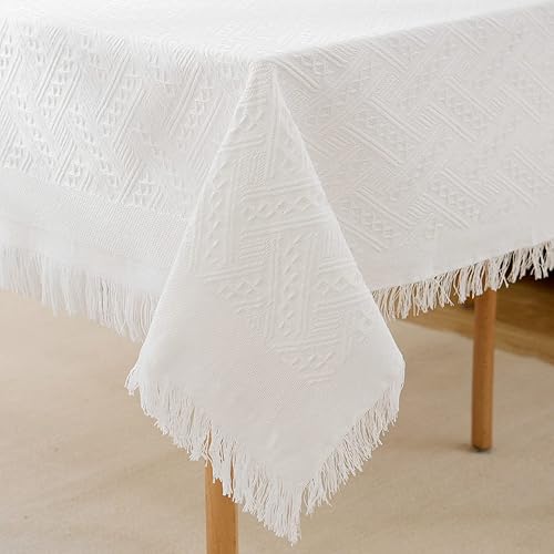 LOHASCASA Mantel de lino de algodón rústico de arpillera con borlas, manteles oblongos para cocina, comedor, picnic, boda, blanco, 70 x 102