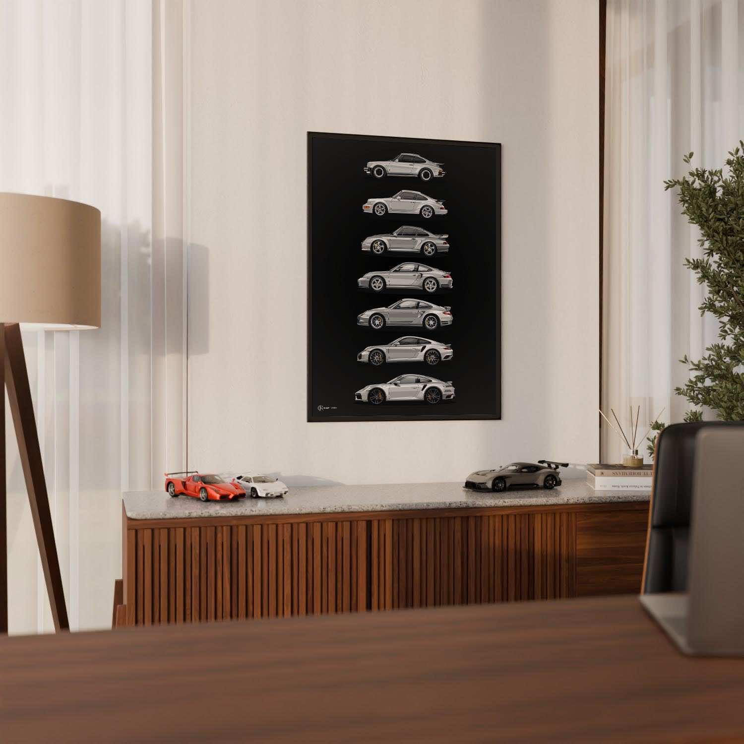 Cartistry Auto Poster 911 Turbo Generationen, 40x30cm, Holzrahmen Schwarz | Geschenk für Männer, Geschenk für Autoliebhaber