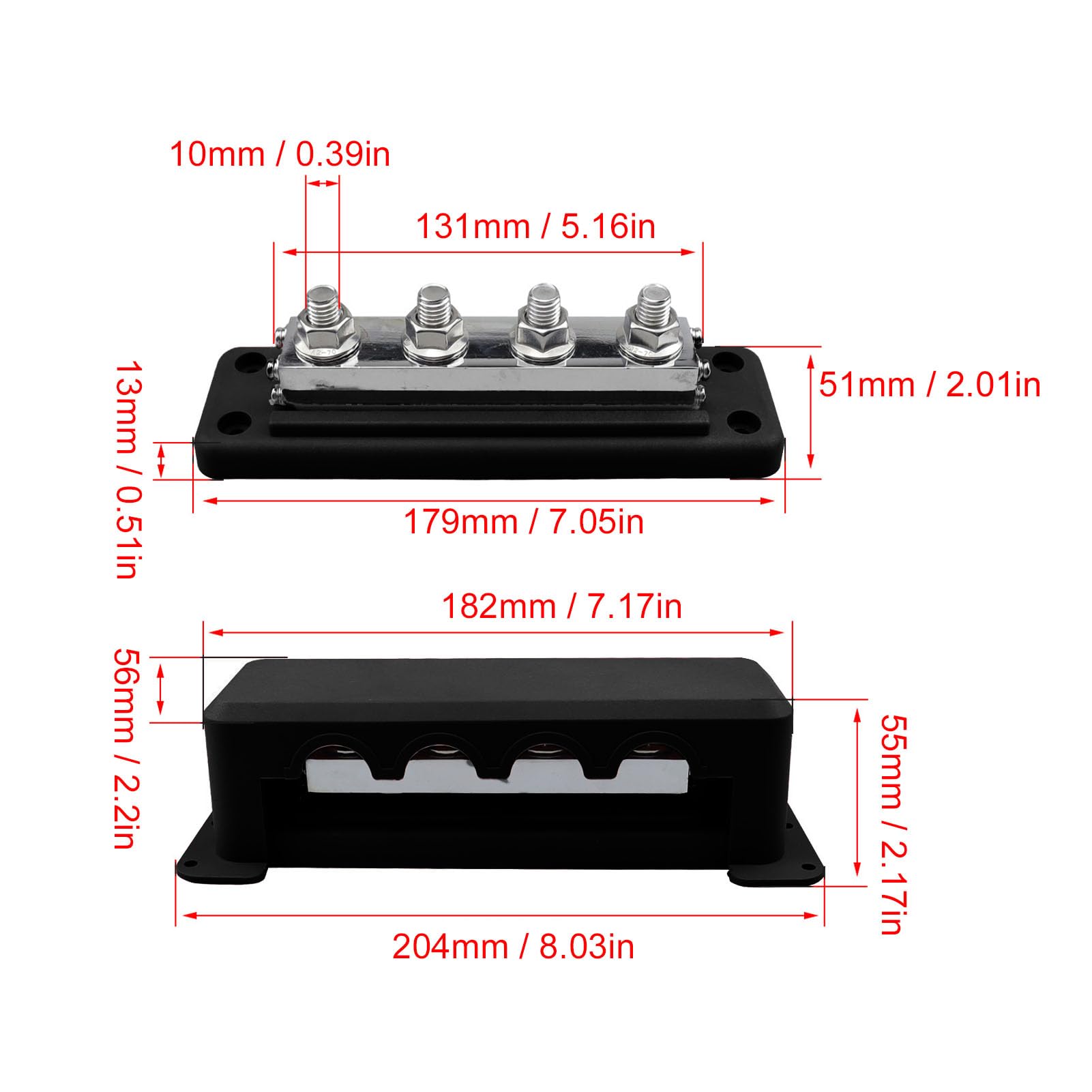 YWBL-WH Barra Collettrice 600A Blocco di Distribuzione Dell'alimentazione Terminale M10 a 4 Vie con Coperchio per Batteria per Barche Marine per (BLACK)